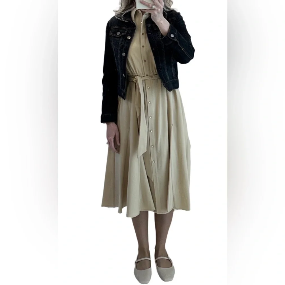 Nanette Lepore belted button front shirt dress in warm sand color midi - Picture 3 of 5